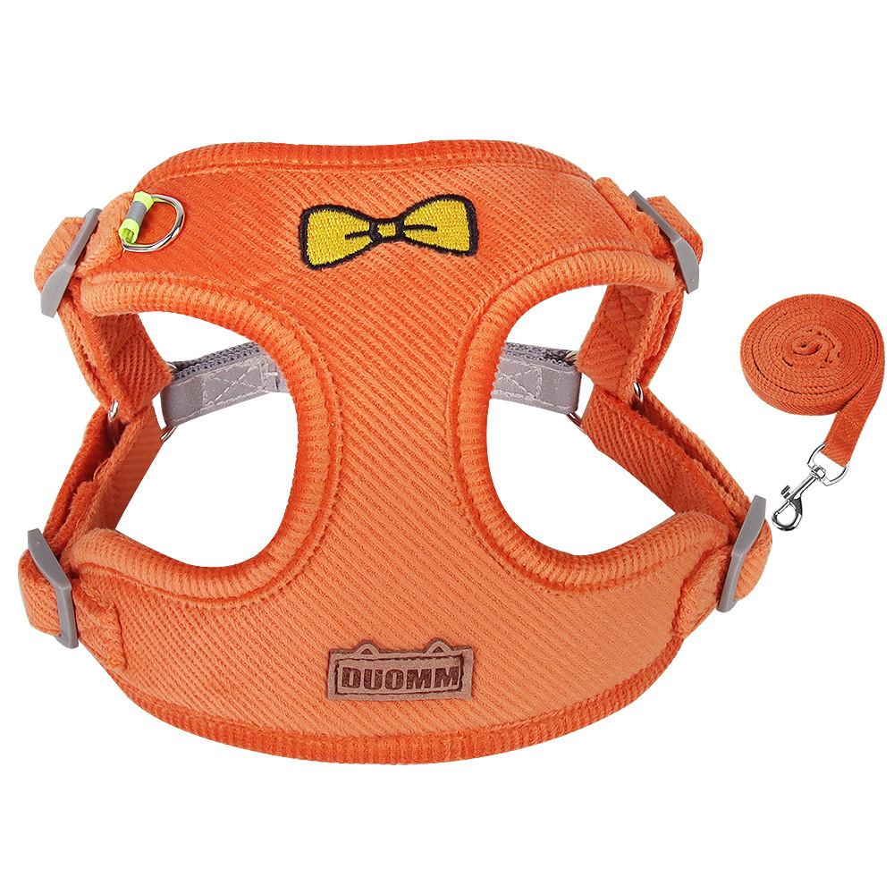 Orange corduroy bow dog harness and leash set