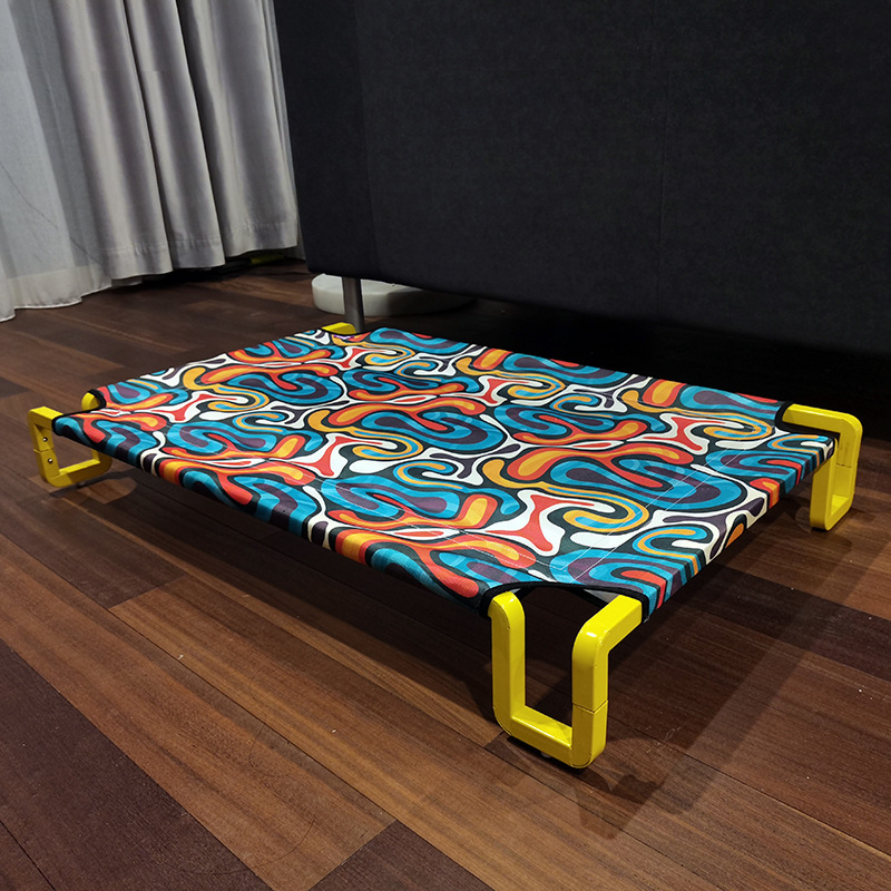Colorful elevated cooling dog cot with yellow frame