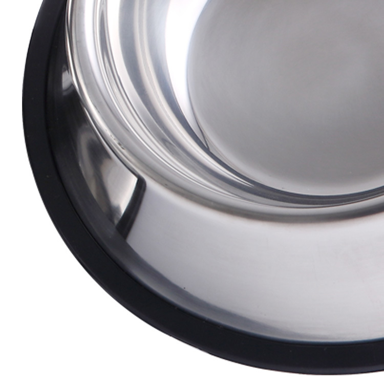 Close up of the non-slip base ring on a stainless steel dog bowl