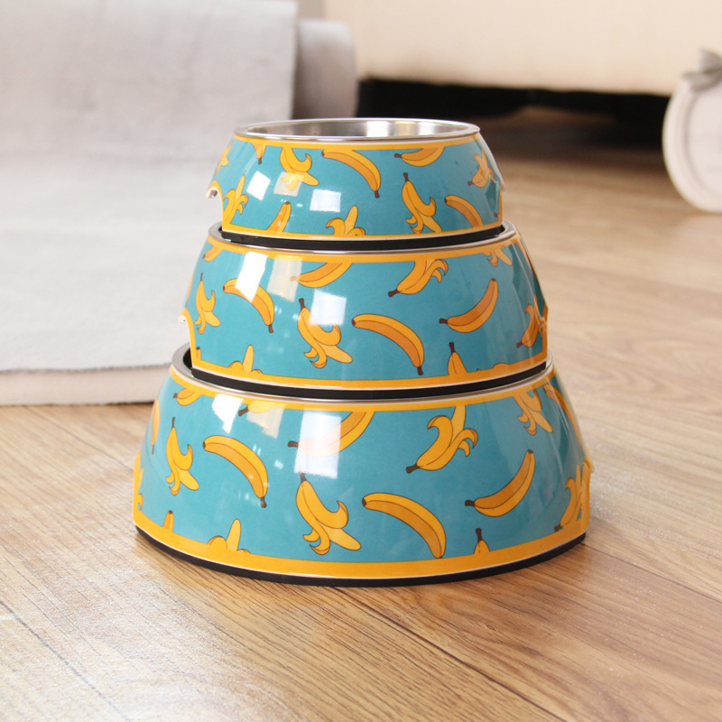 Stacked patterned stainless steel pet bowls in multiple sizes