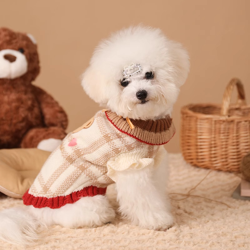 Brown bear bow patch knit pet sweater worn by a small dog
