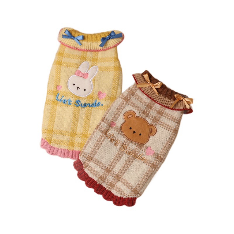 Brown bear and yellow bunny bow patch knit pet sweater styles