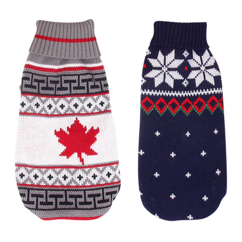 Two festive knit pet sweater patterns on a white background
