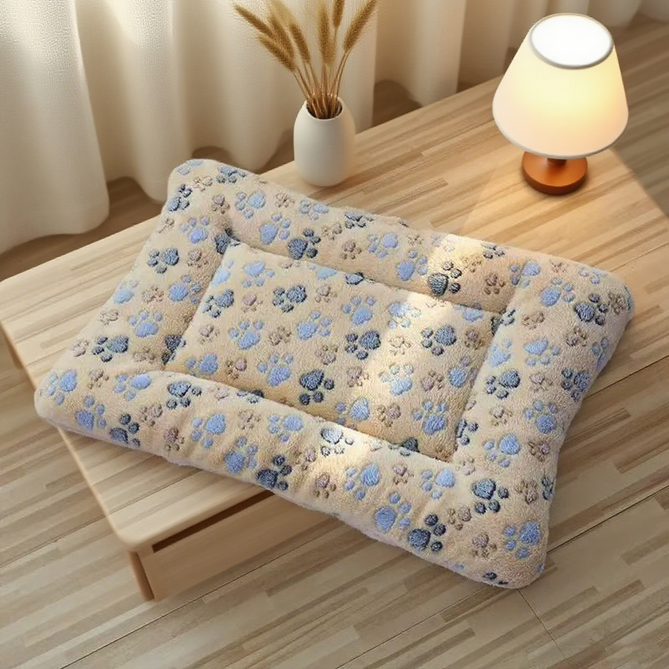 Light coffee paw coral fleece padded pet mat on a bench