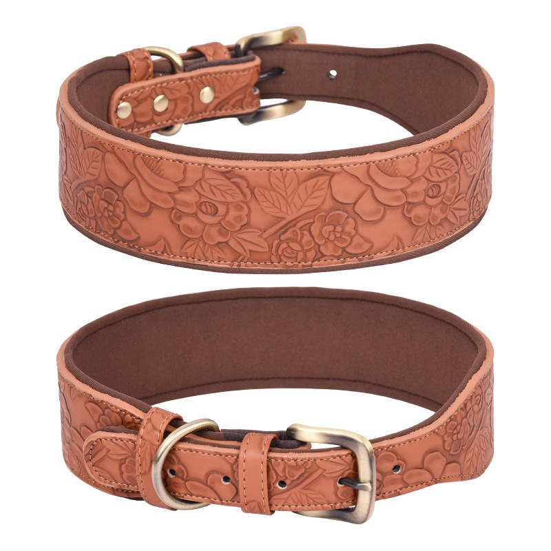 Brown embossed PU dog collar showing the floral surface and buckle
