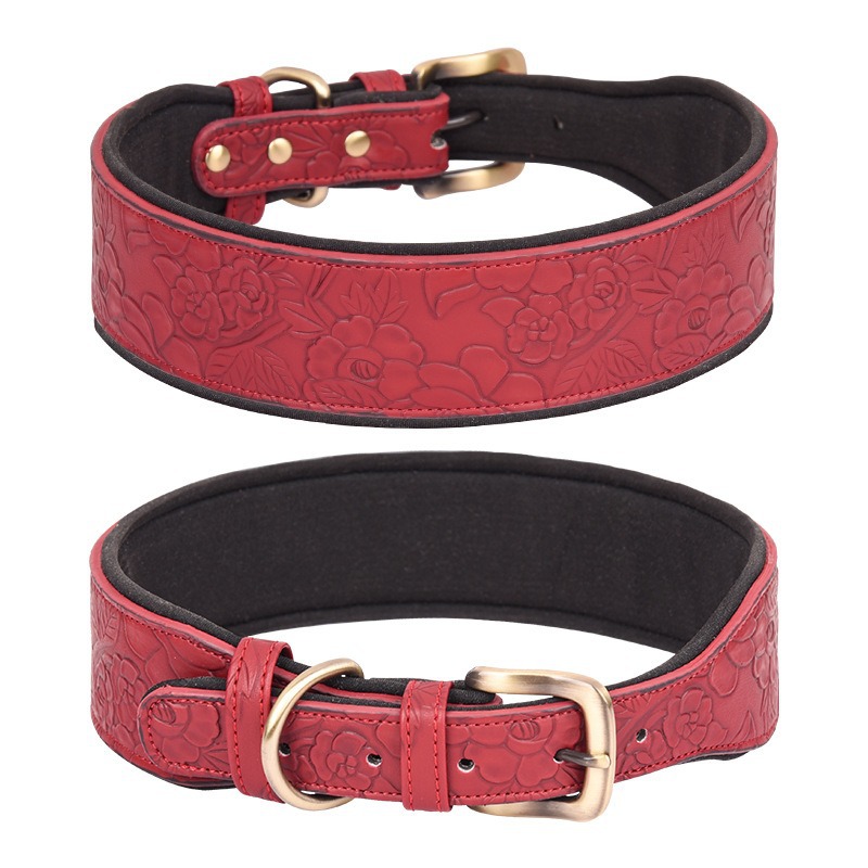 Red embossed PU dog collar showing the padded inside and buckle hardware