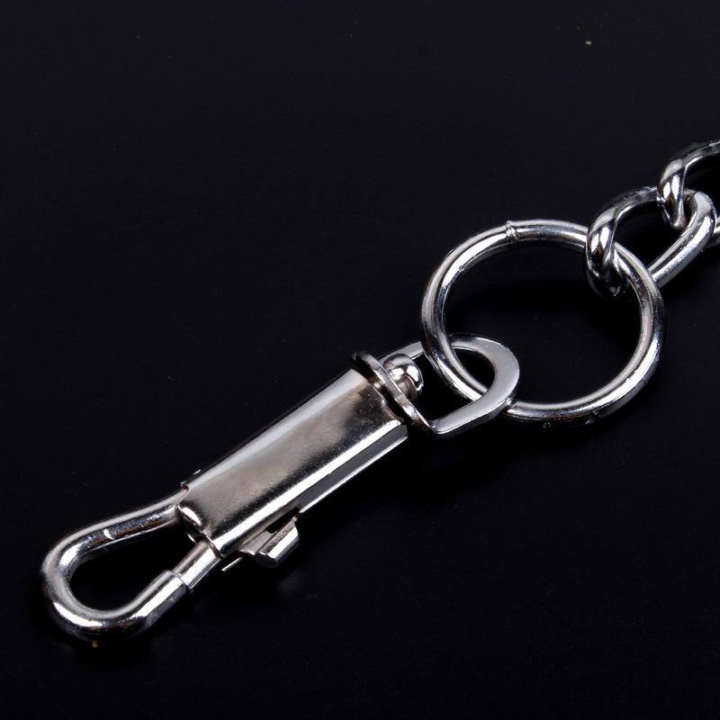 Close-up of the metal swivel clasp on a chain dog leash
