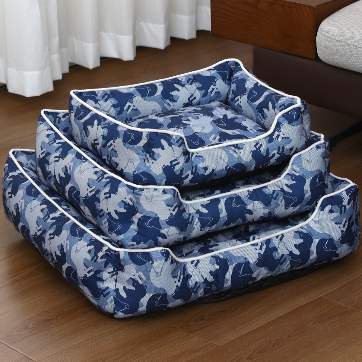 Ocean square Oxford dog bed shown in multiple sizes