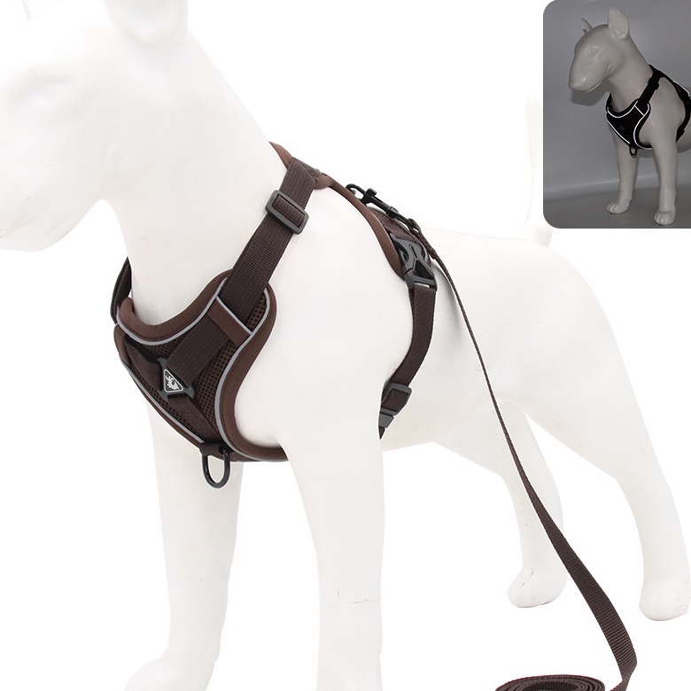 Coffee reflective mesh dog harness with matching leash