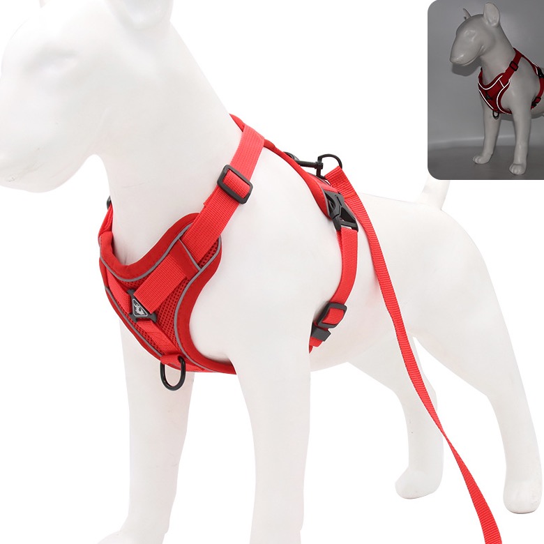 Red reflective mesh dog harness with matching leash
