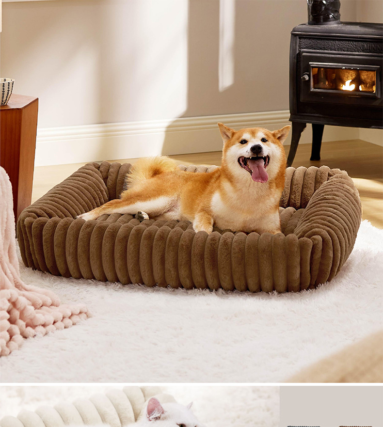 Coffee plush sofa dog bed used as an indoor lounge bed