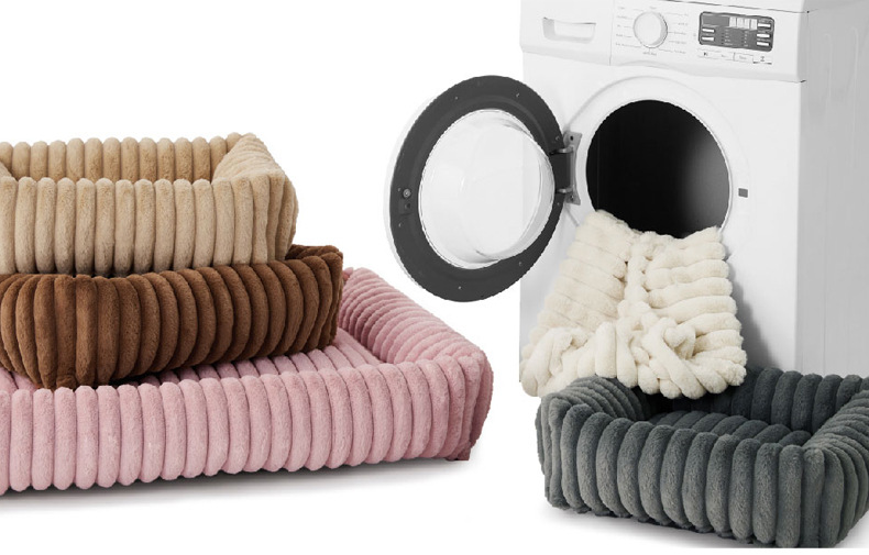 Removable plush dog bed shown with washing machine