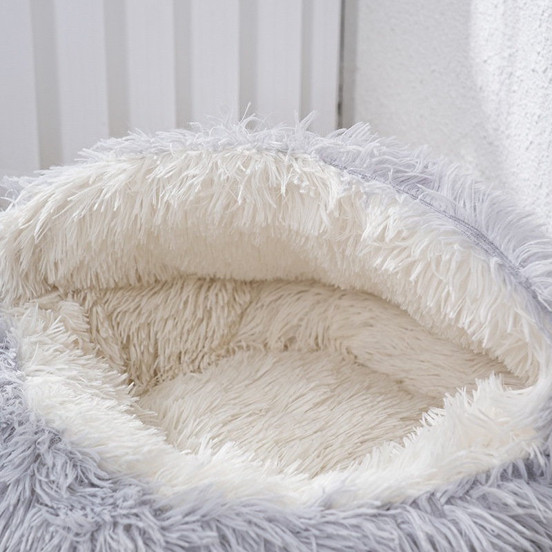 Close view of the plush interior inside a shell dog bed
