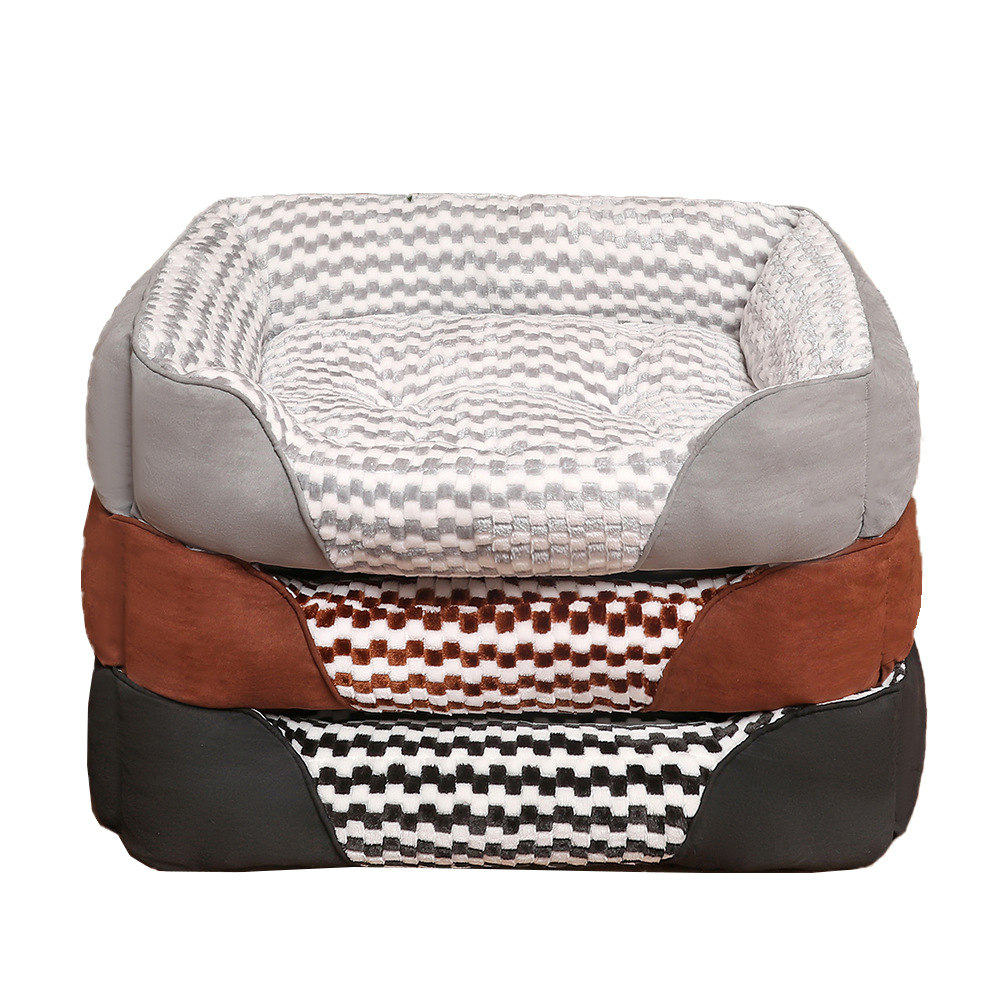 Coffee black and light gray square checkered plush dog bed color options