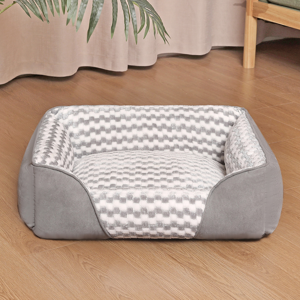Light gray square checkered plush dog bed with raised sides